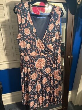 LOFT Navy Midi Wrap Dress with Pink Floral Print